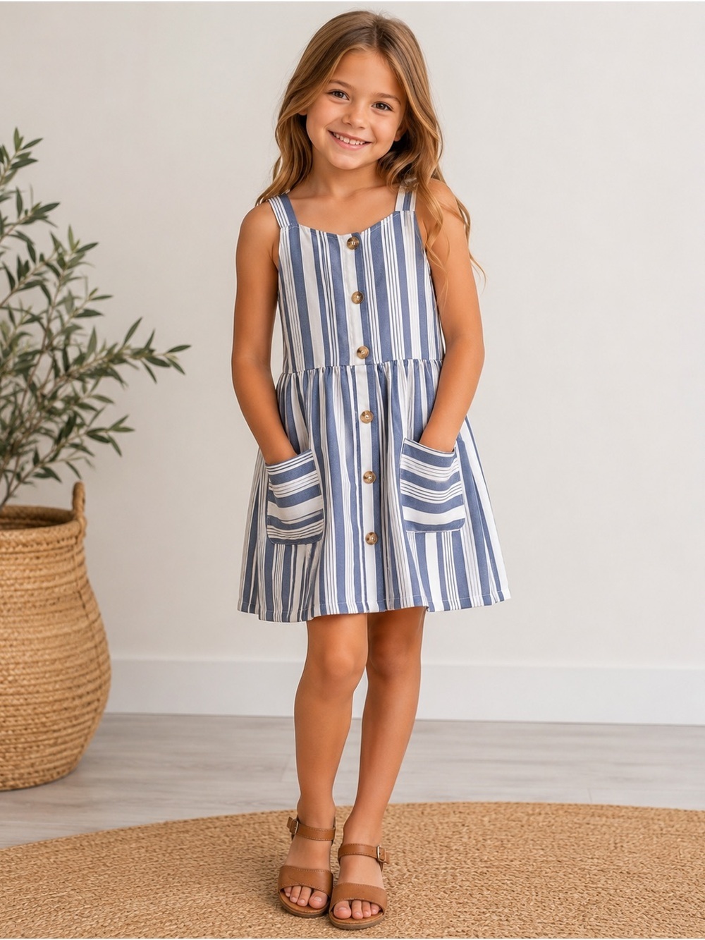 Girls Blue & White Striped Summer Pocket Dress